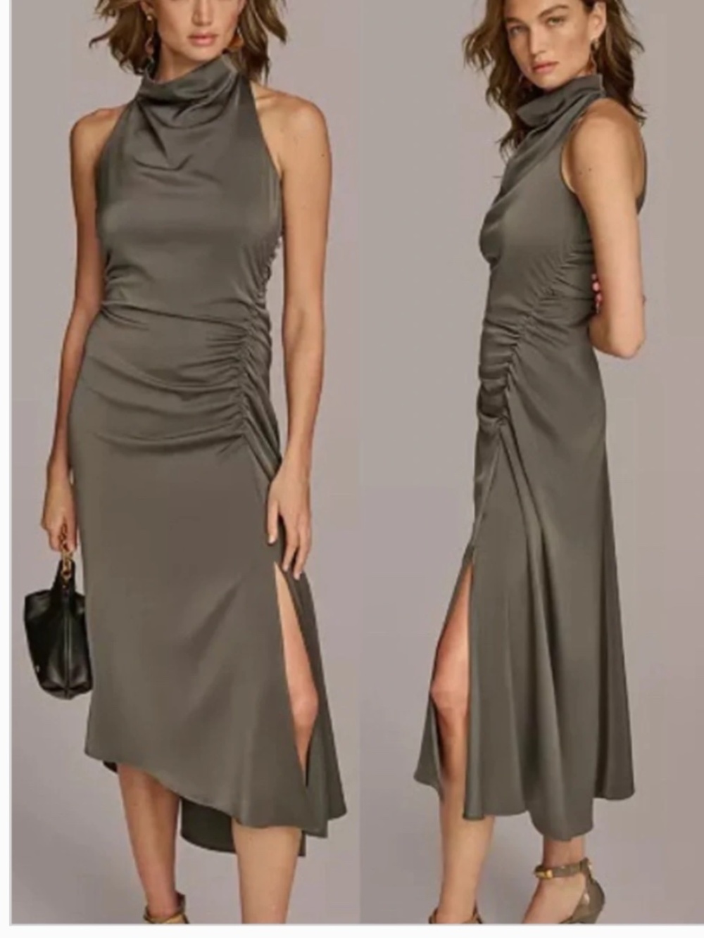 NWT Donna Karan Mock Neck Shirred Asymmetrical Midi Dress Sz 14 🧡🍄